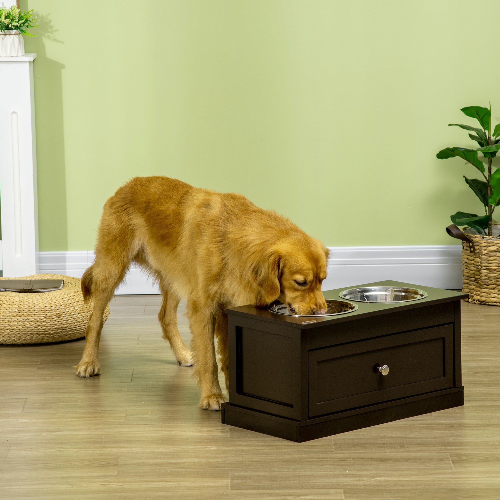 PawHut Elevated Dog Bowls with Storage Drawer for Large Dogs, Coffee