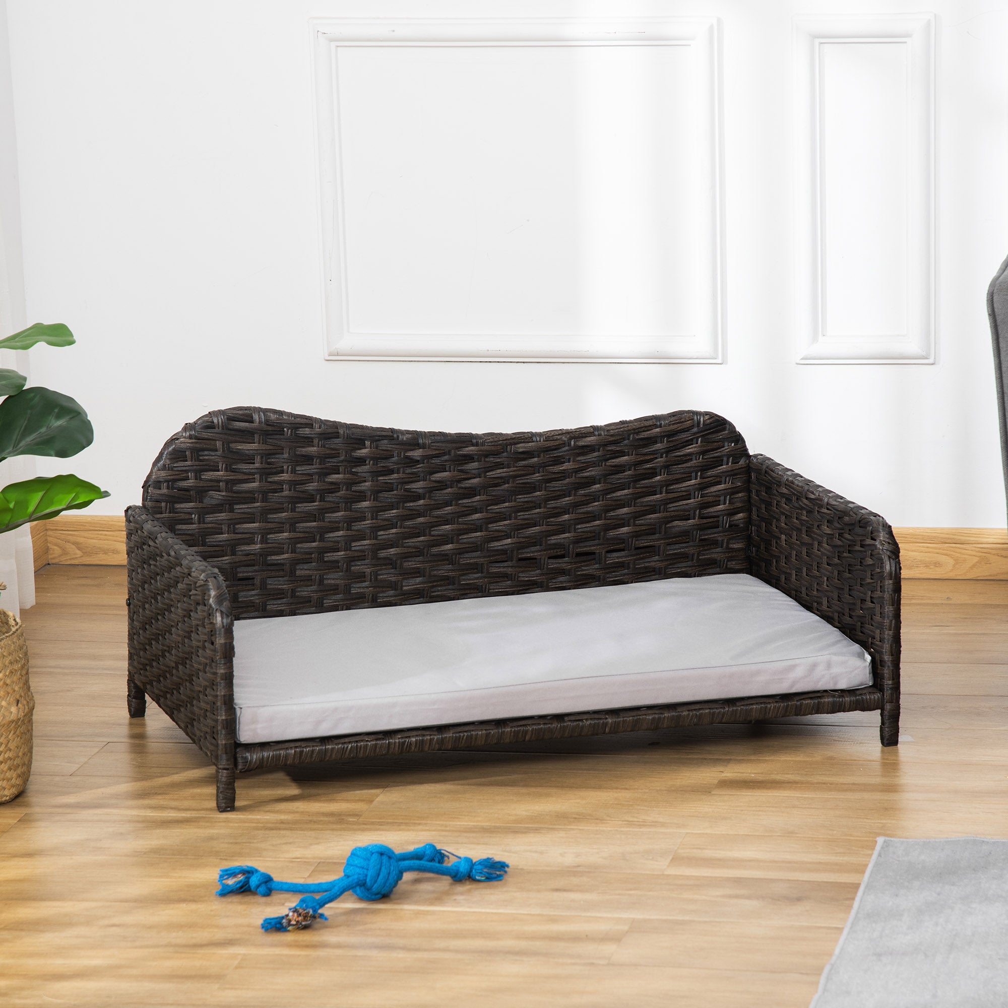 PawHut Rattan Pet Sofa for Large & Medium Dogs, Indoor & Outdoor Raised Wicker Dog Bed, Cat Couch, with Soft Washable Cushion, Charcoal Grey