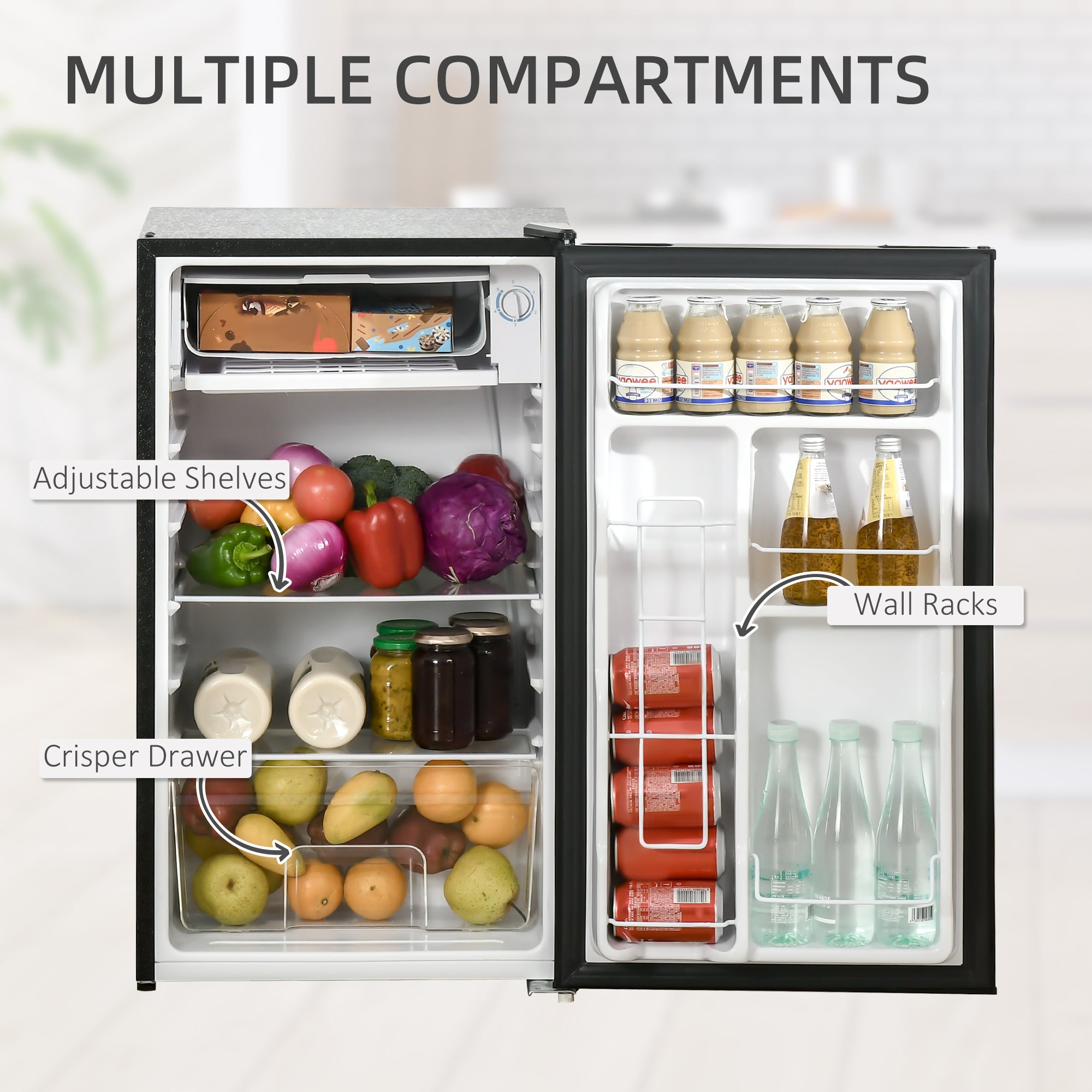 HOMCOM Compact Refrigerator, Mini Fridge with Freezer, Adjustable Shelf, Mechanical Thermostat and Reversible Door, Black
