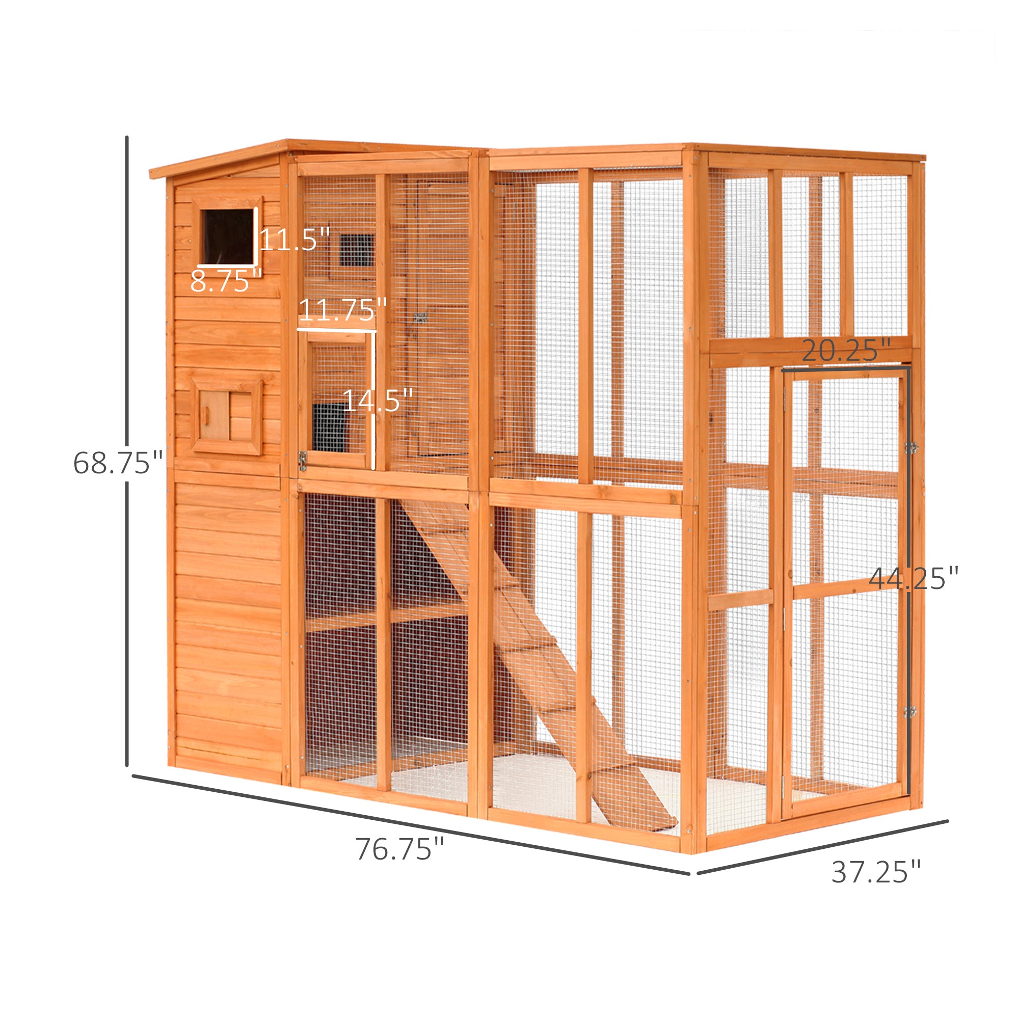 PawHut Large Wooden Outdoor Cat House with Large Run for Play, Catio for Lounging, and Condo Area for Sleeping, Natural