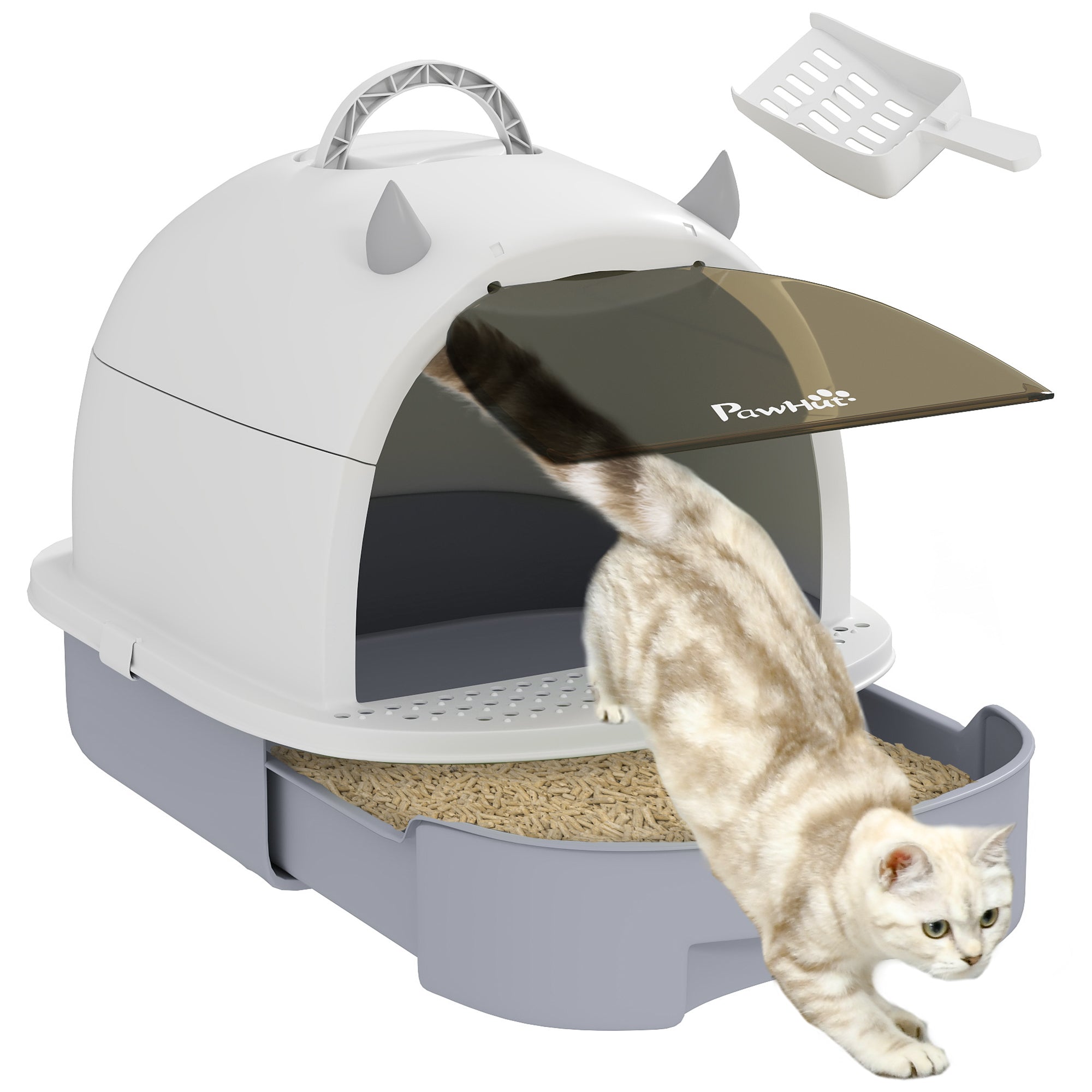 PawHut Cat Litter Box with Lid, Front Door Flap, Scoop, Handle, Easy Clean, for Small and Medium Cats, Grey