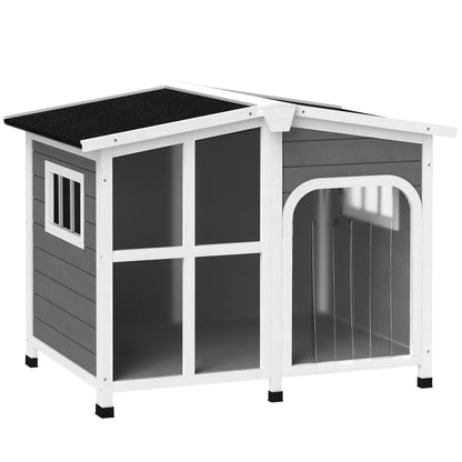 PawHut Wooden Dog House, Raised Pet Kennel with Removable Bottom, Openable Asphalt Roof, Door Curtain, Side Windows, Dark Grey