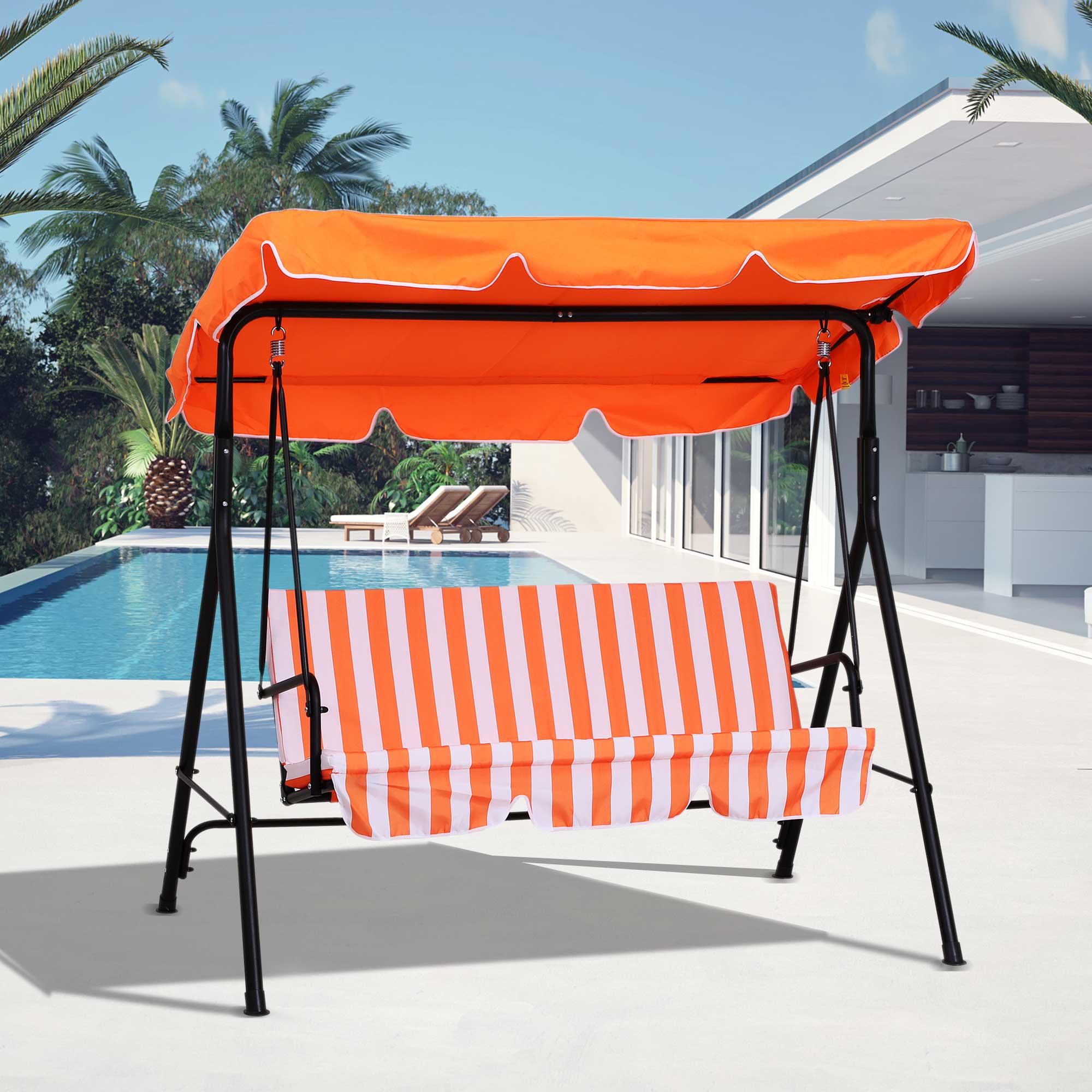 Outsunny 3-Seater Outdoor Porch Swing with Adjustable Canopy, Patio Swing Chair for Garden, Poolside, Backyard, Orange