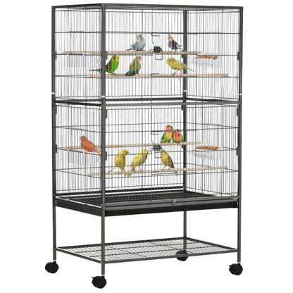 PawHut 52'' Large Rolling Steel Bird Cage Bird House with Rolling Stand, Storage Shelf, Wood Perch, Food Container, Dark Grey