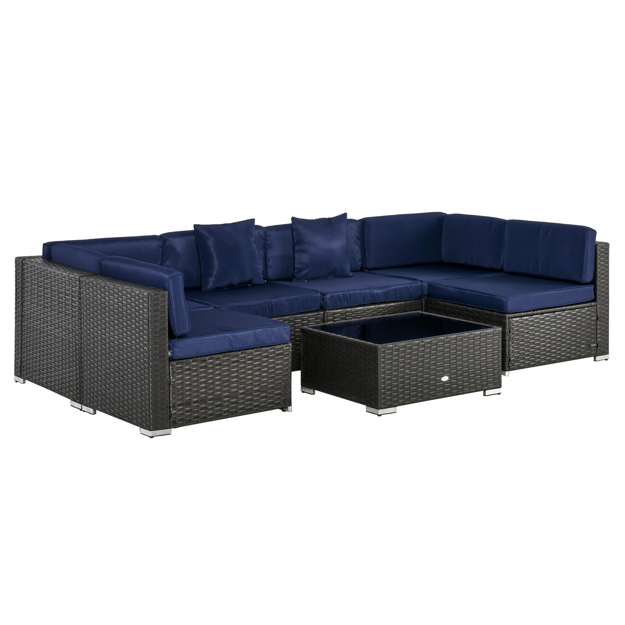 Outsunny 7 Pieces Patio Furniture Set, Rattan Outdoor Conversation Set Garden Wicker Sofa Set, Sectional Furniture, Navy