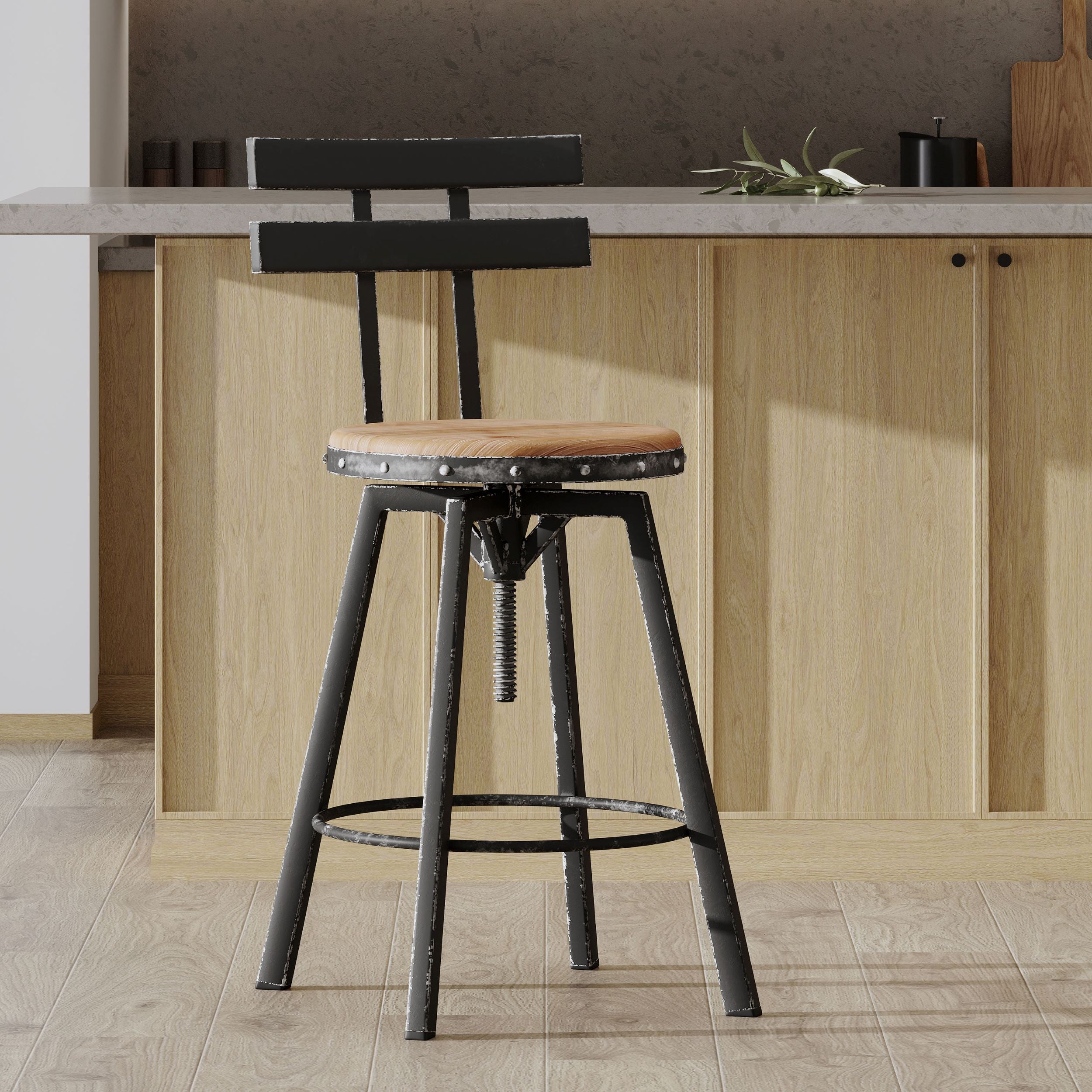 Adjustable Metal Barstool with Wooden Seat, 360° Swivel Design, 17.5" L x 20" W x 39-45" H, Antique Black