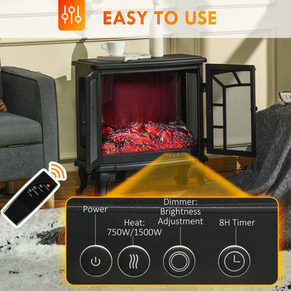 HOMCOM Electric Fireplace Heater, Freestanding Fireplace Stove with Realistic Flame Effect, Timer, Overheating Protection, 750W/1500W, Black