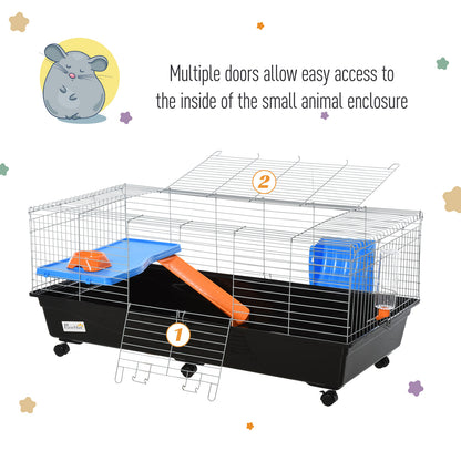 PawHut 47" Small Animal Cage, Rolling Guinea Pig Cage with Food Dish, Water Bottle, Hay Feeder, Platform, Ramp, Black
