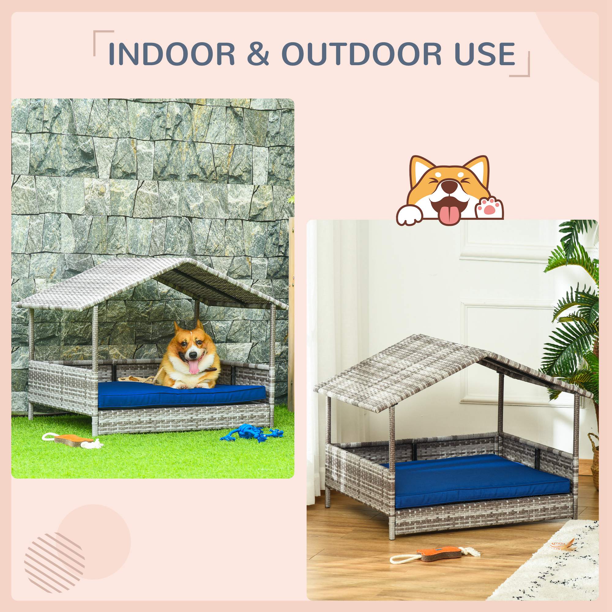 PawHut Wicker Pet House Dog Bed for Indoor/Outdoor Rattan Furniture with Cushion