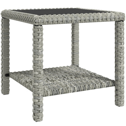 Outsunny 19" Outdoor Wicker Coffee Table with Glass Top, Storage Shelf for Garden Porch Balcony Deck, Dark Grey