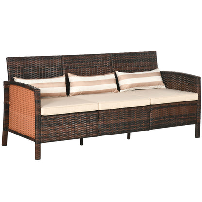 Outsunny 3-Seater Wicker Sofa, PE Rattan Outdoor Couch Conversation Furniture with Removable Cushions for Patio, Garden, Brown
