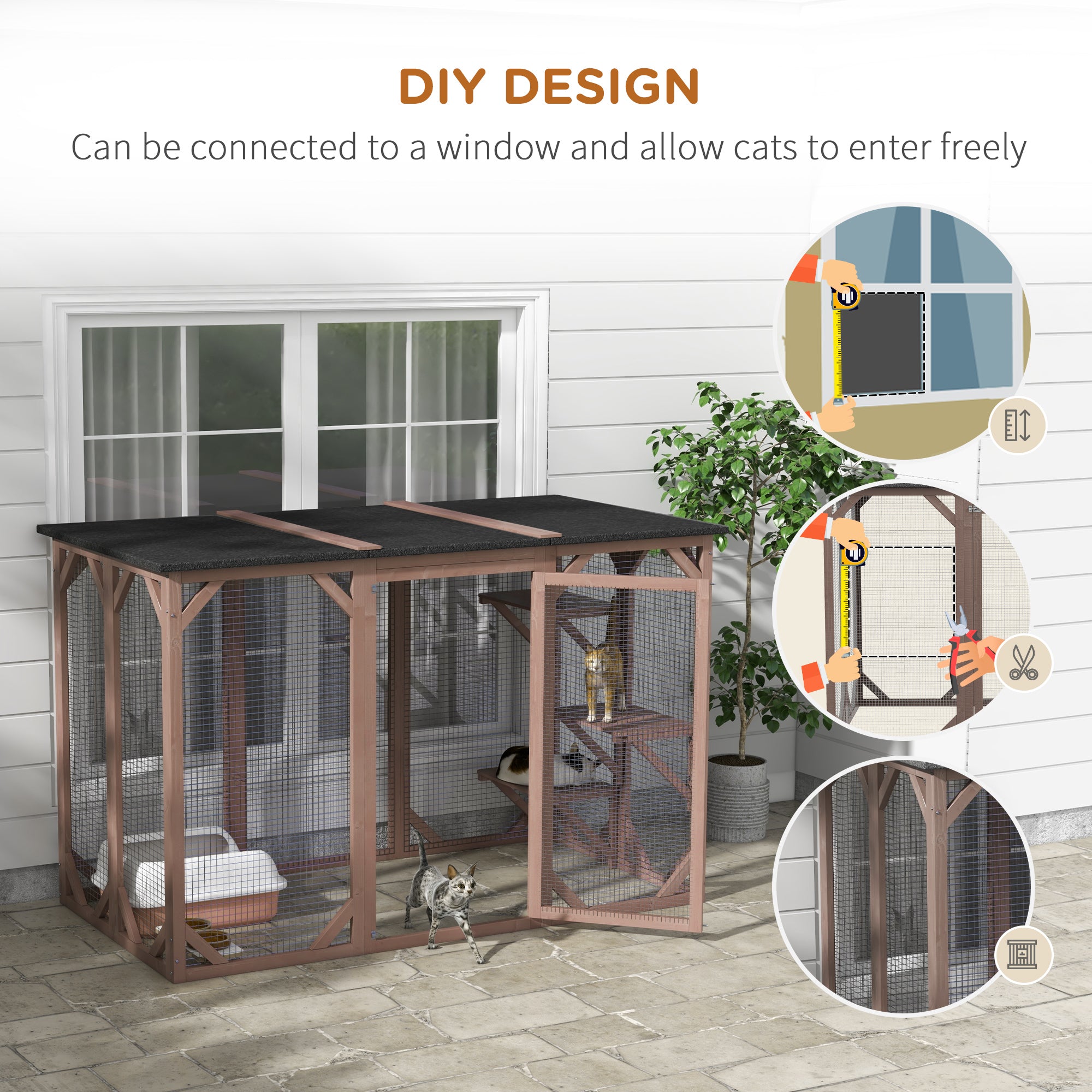 PawHut Cat Cage Indoor Catio Outdoor Cat Enclosure Pet House Small Animal Hutch for Rabbit, Kitten, Crate Kennel with Waterproof Roof, Multi-Level Platforms, Lock, Camel