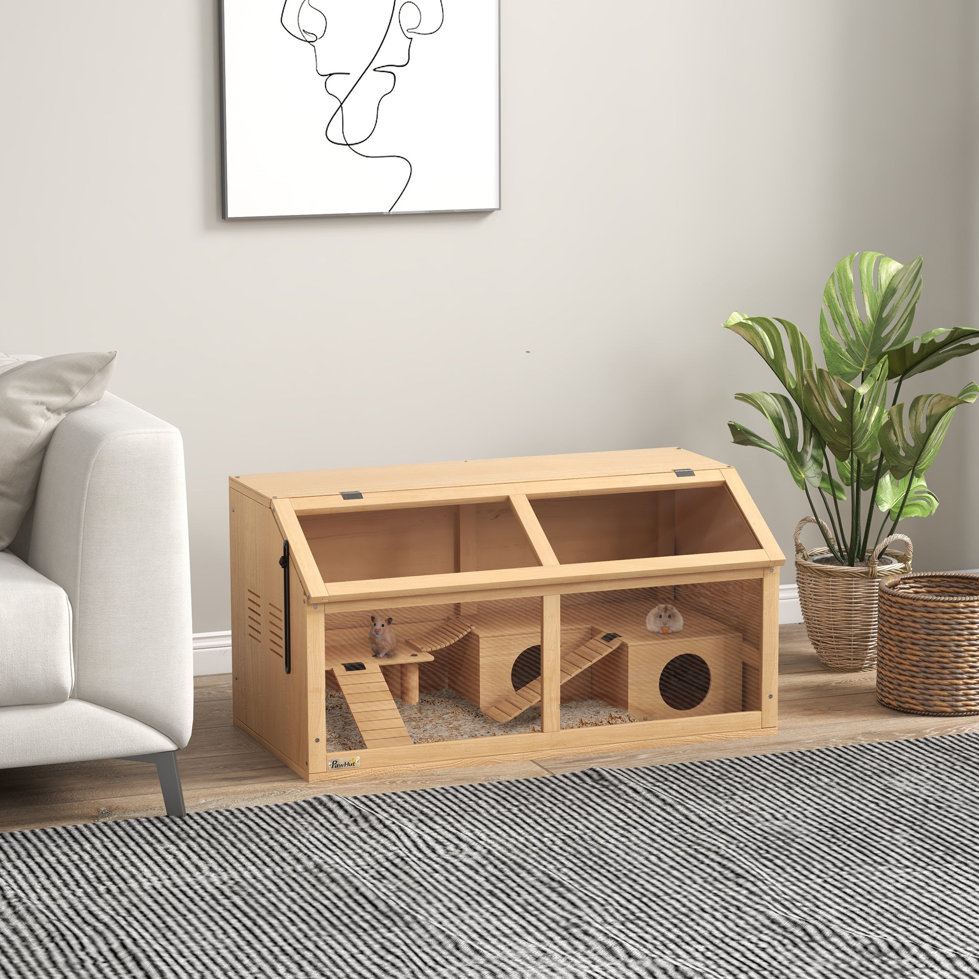 PawHut Rat Cage, Hamster Cage Wooden with Suspension Bridge, Ladders, Openable Top, Hut, Platform, for Gerbils Mice