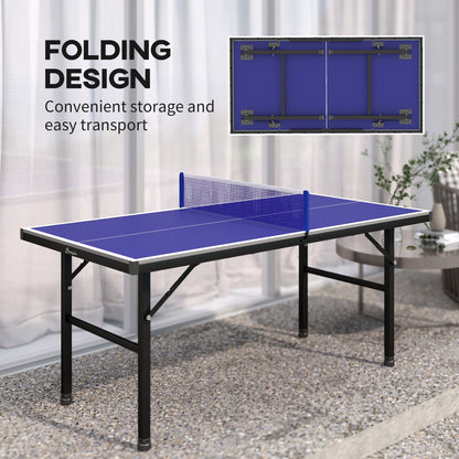 Soozier 5' x 2.5' Mini Ping Pong Table with Professional UV Treated Tabletop, Foldable Table Tennis Table with Adjustable Feet and Net for Outdoor and Indoor, Blue
