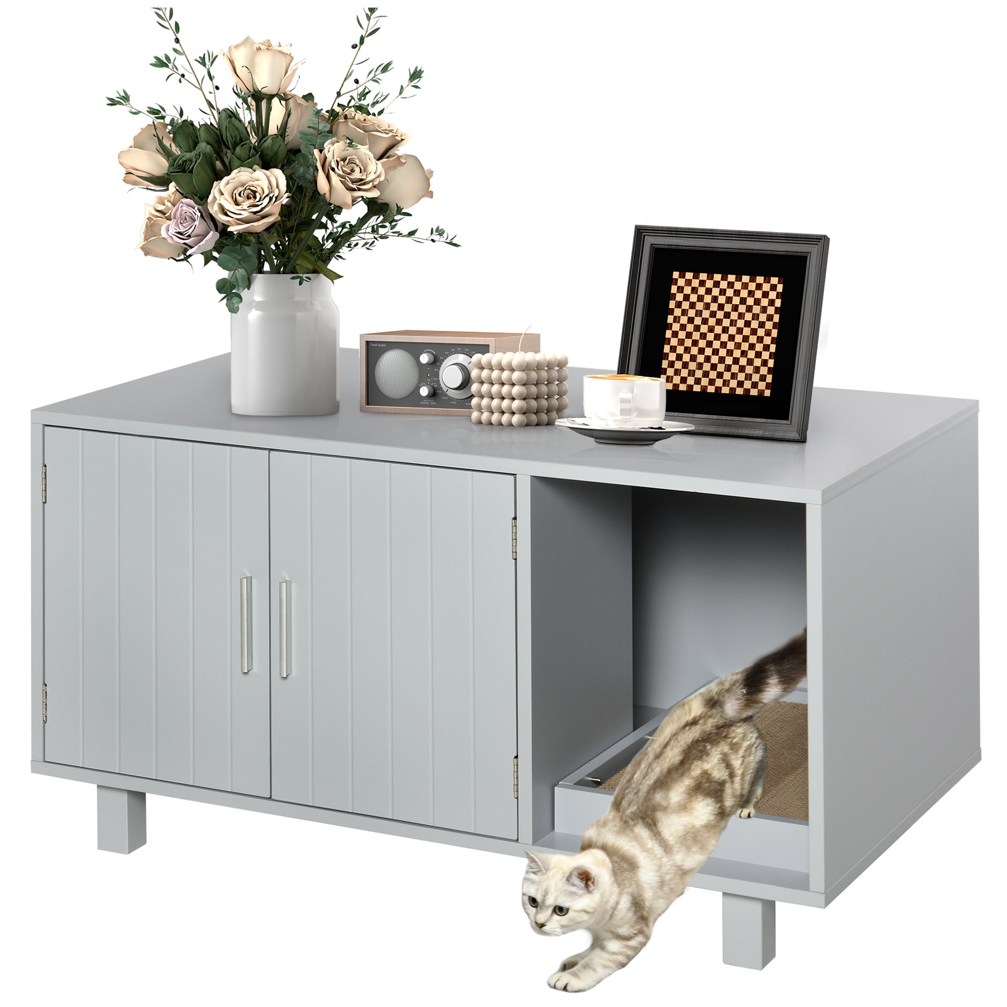 PawHut Wooden Cat Washroom Pet Litter Box Enclosure Kitten House Nightstand End Table with Scratcher Magnetic Doors Grey