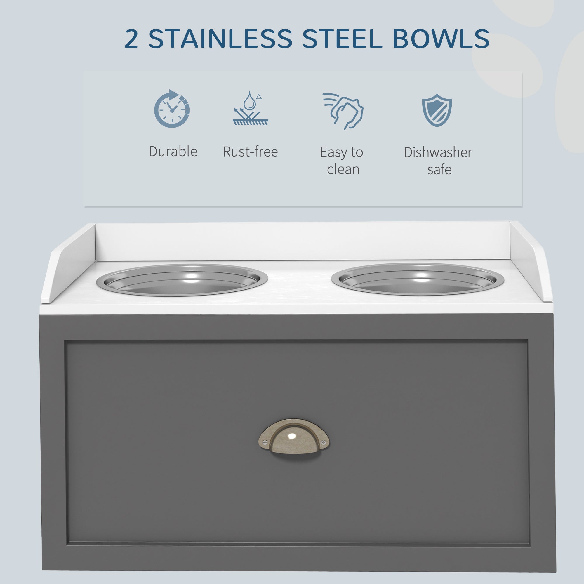 PawHut Large Elevated Dog Bowls with Storage Drawer, Raised Pet Feeding Station with 2 Stainless Steel Bowls, Grey