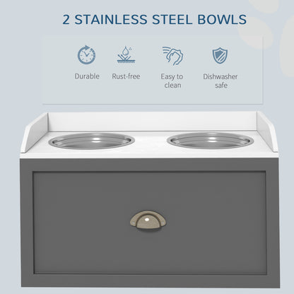 PawHut Large Elevated Dog Bowls with Storage Drawer, Raised Pet Feeding Station with 2 Stainless Steel Bowls, Grey