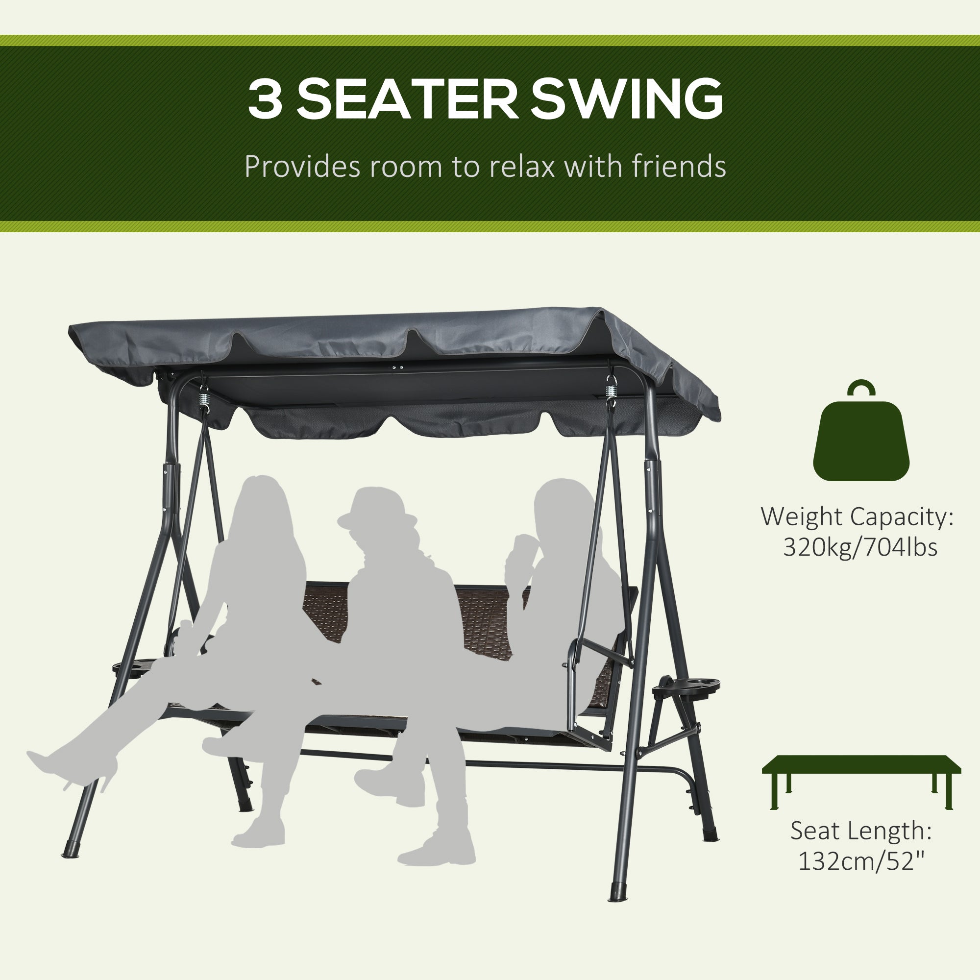 Outsunny 3-Seat Patio Swing Chair, Outdoor Canopy Swing Glider with Adjustable Shade, Rattan Seat and Steel Frame, for Porch, Garden, Poolside, Dark Grey