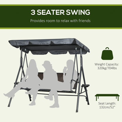 Outsunny 3-Seat Patio Swing Chair, Outdoor Canopy Swing Glider with Adjustable Shade, Rattan Seat and Steel Frame, for Porch, Garden, Poolside, Dark Grey