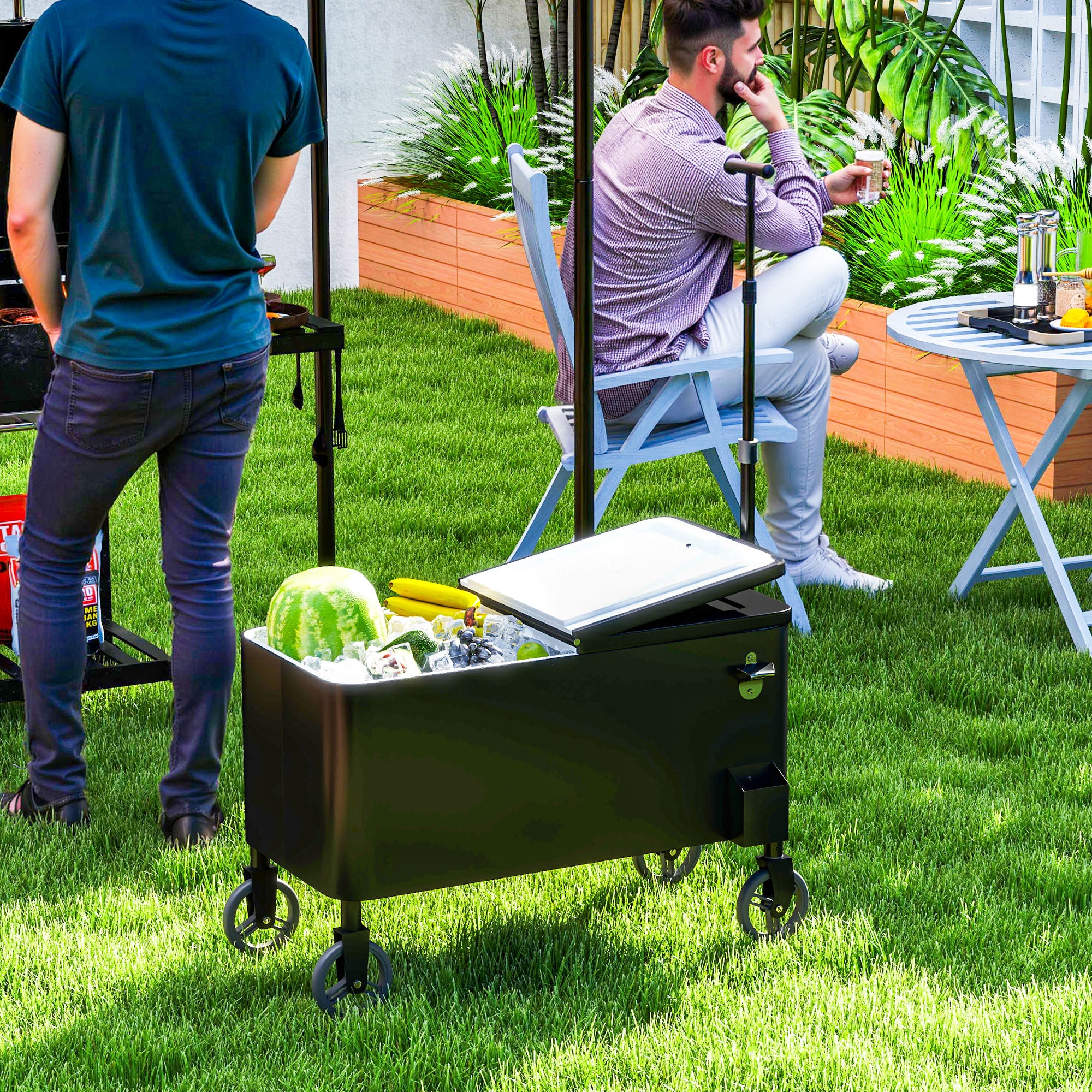 Outsunny 80-Qt Outdoor Patio Cooler Cart, Rolling Ice Chest with Adjustable Handle, Wheels, Bottle Opener, Drainage, Outdoor Beverage Cooler Bar Cart for Party BBQ Camping, Black