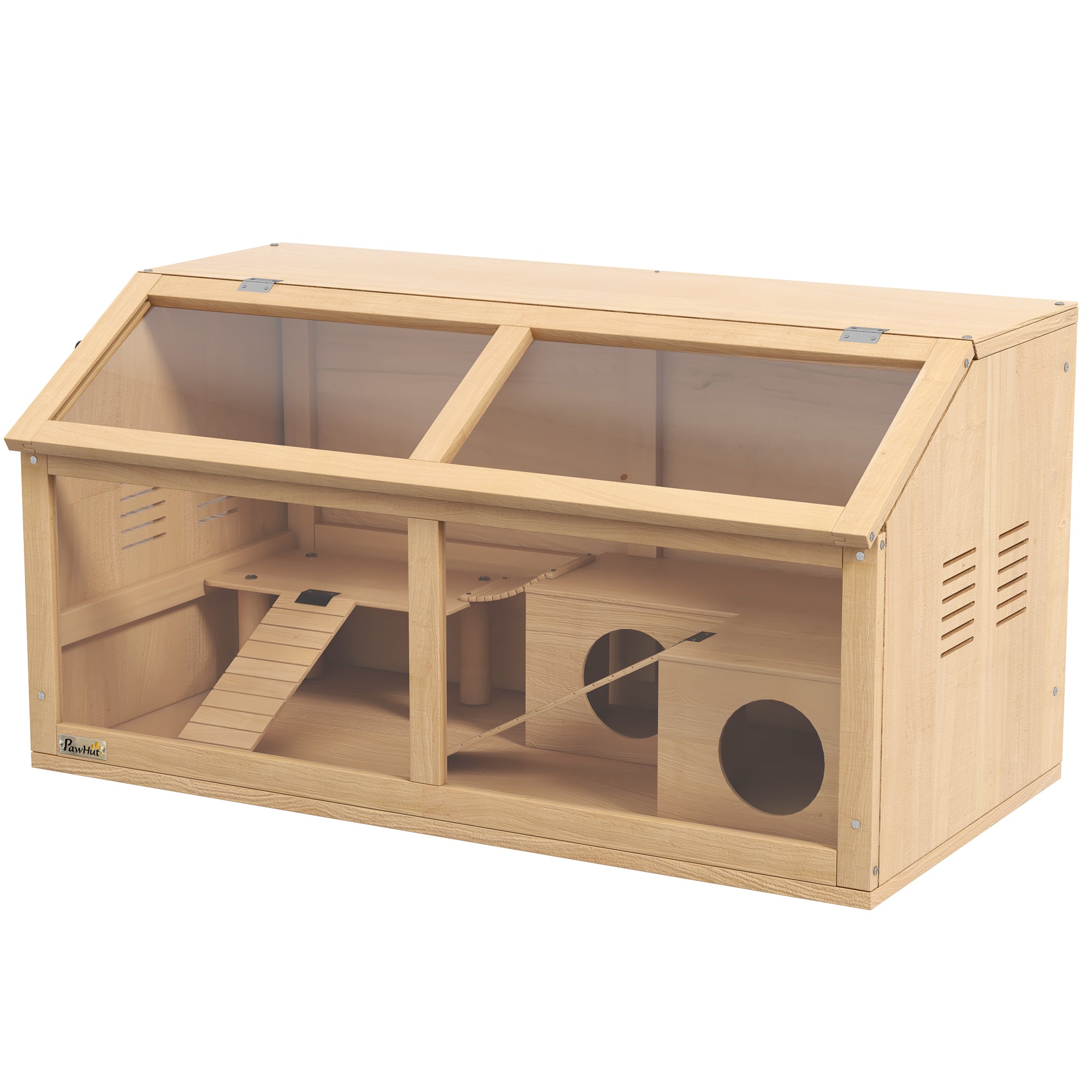 PawHut Rat Cage, Hamster Cage Wooden with Suspension Bridge, Ladders, Openable Top, Hut, Platform, for Gerbils Mice