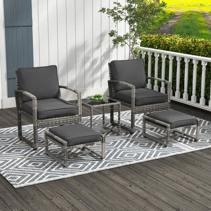 Outsunny 5 Pieces Patio Furniture Set with Armchair, Stool, Table, Cushions, Outdoor Wicker Conversation Sofa Set for Garden