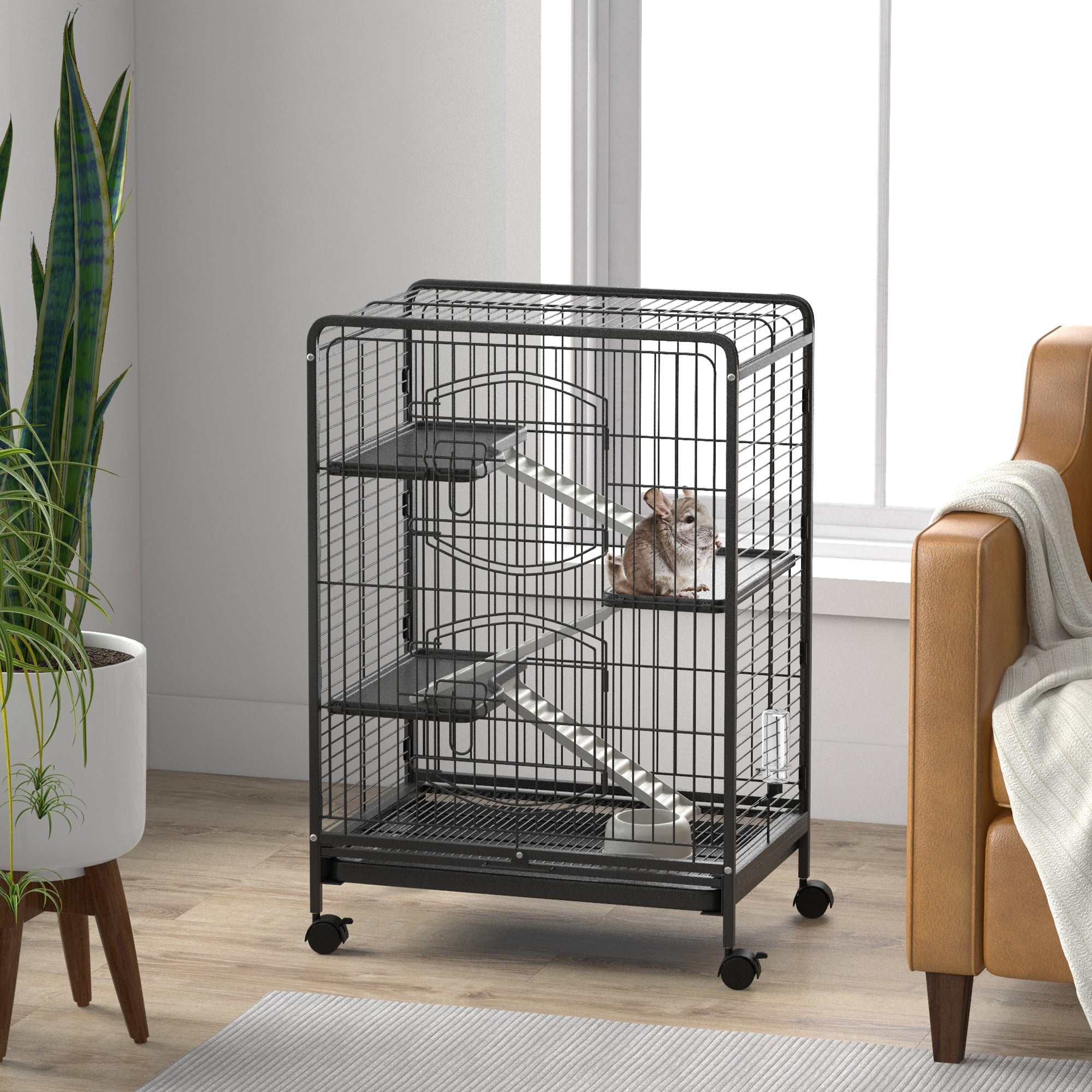 PawHut 4-Tier Small Animal Cage Pet Playpen for Rabbit Ferret Chinchilla on Wheels with Removable Tray Platform Ramp Food Dish Water Bottle, 24" x 18" x 37"