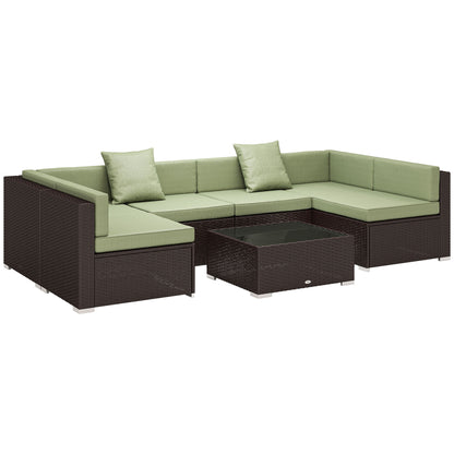 Outsunny 7 Pieces Outdoor Rattan Furniture Set, Patio Wicker Sectional Conversation Sofa Set, Light Green