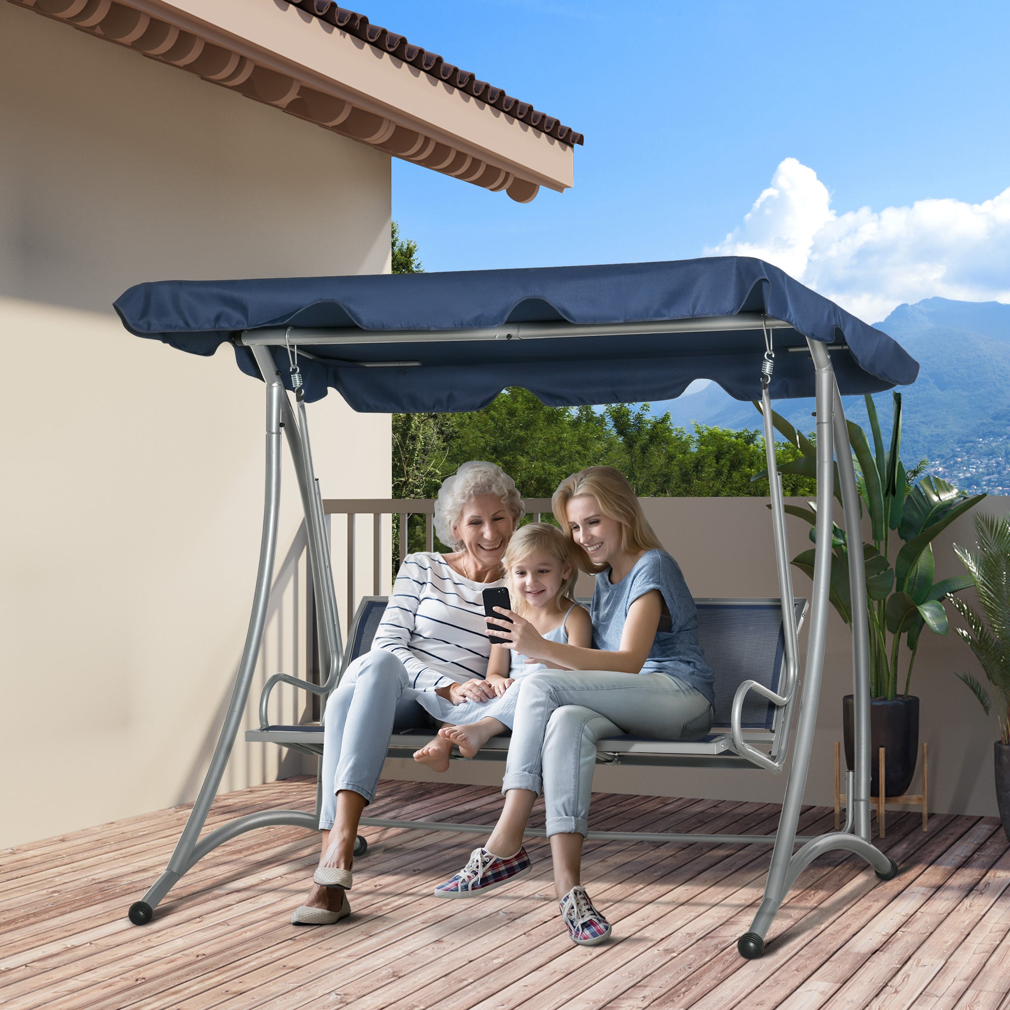 Outsunny 3-Seater Outdoor Swing Chair Bench with Adjustable Canopy, Dark Blue