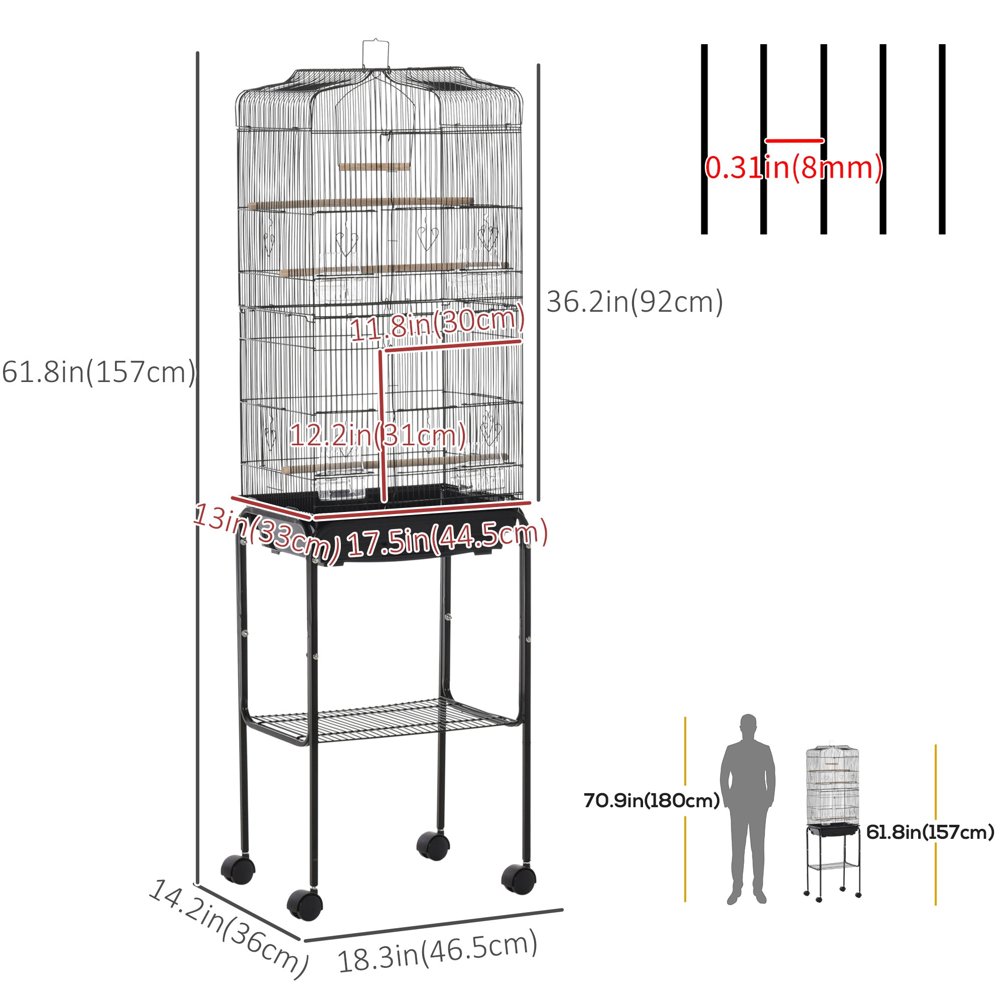 PawHut 62" Rolling Bird Cage Cockatoo House Play Top Finch Pet Supply with Storage Shelf, Wheels - Black