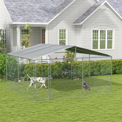 PawHut Dog Kennel Outdoor, Heavy Duty Playpen with Secure Lock, Cover, for Backyard & Patio, 13.1' x 13.1' x 7.5'