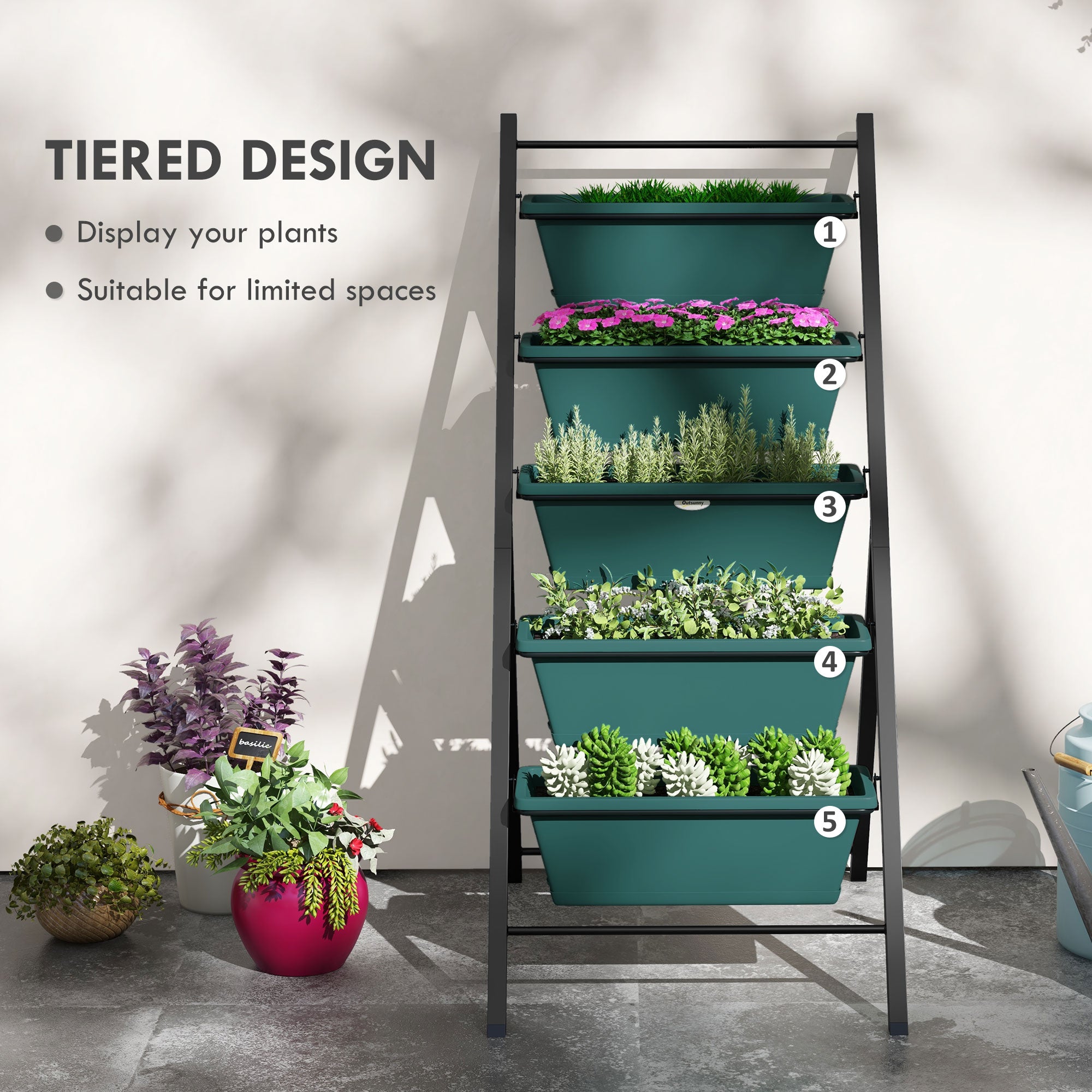 Outsunny 5-Tier Vertical Raised Garden Planter with 5 Container Boxes, Outdoor Plant Stand for Vegetable Flowers, Green