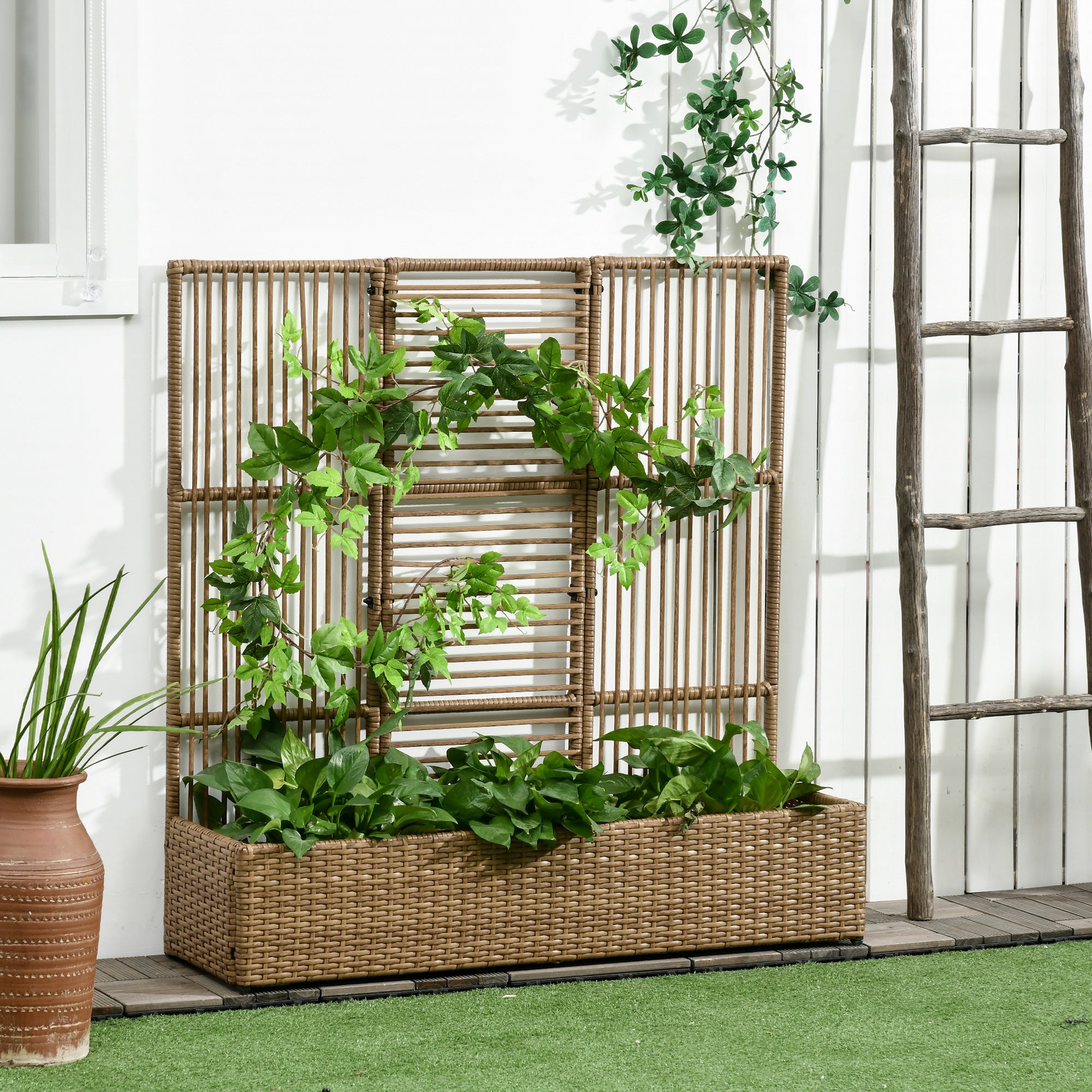 Outsunny Raised Garden Bed with Lattice Trellis, Rattan Outdoor Planter with Storage for Garden, Patio, Balcony, Sand Brown