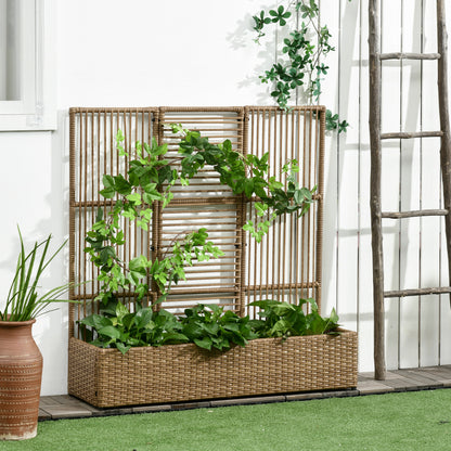Outsunny Raised Garden Bed with Lattice Trellis, Rattan Outdoor Planter with Storage for Garden, Patio, Balcony, Sand Brown