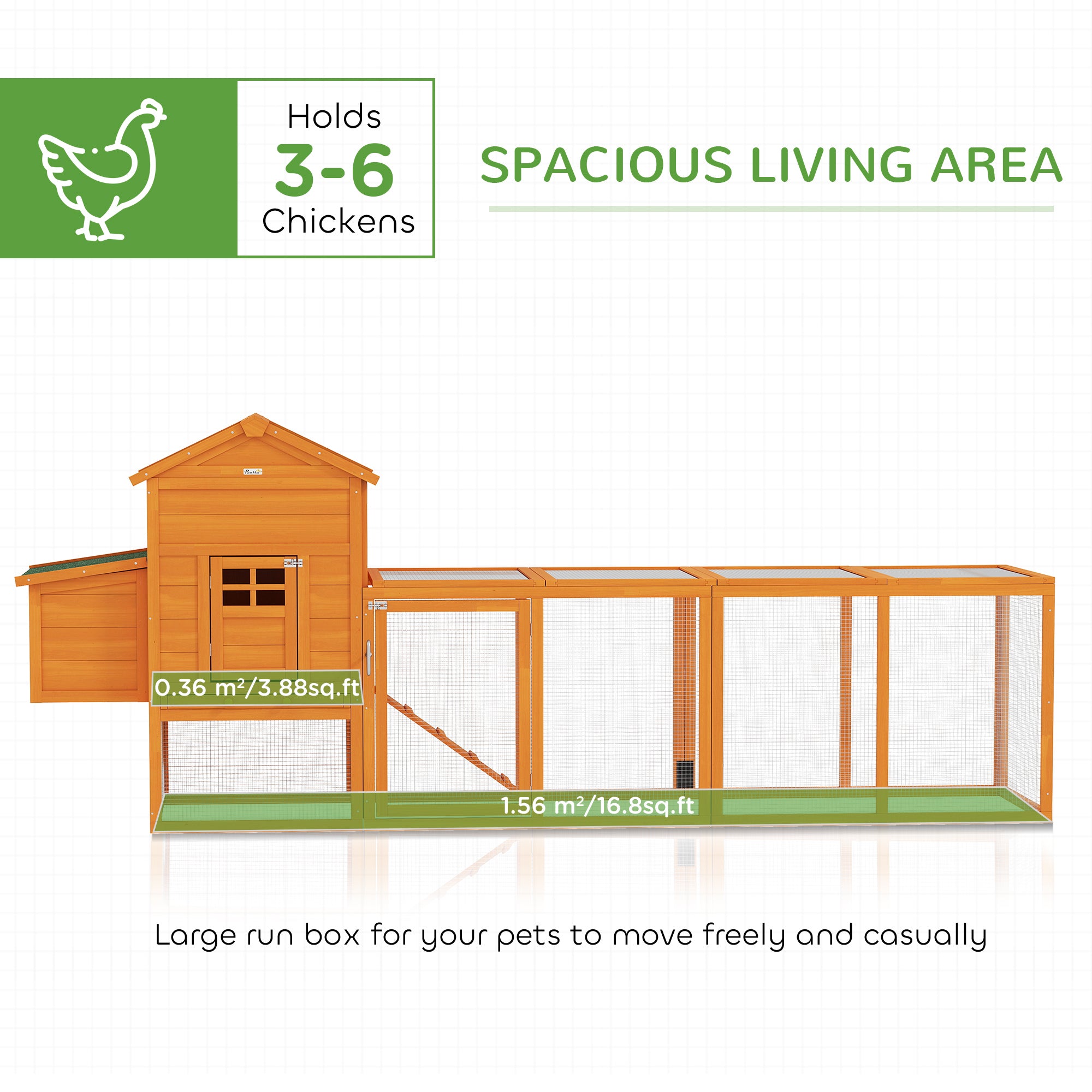 PawHut 117" Extra Large Chicken Coop with Asphalt Roof, Wooden Hen House with Slide-out Tray, Quail Hutch with Nesting Box, Orange