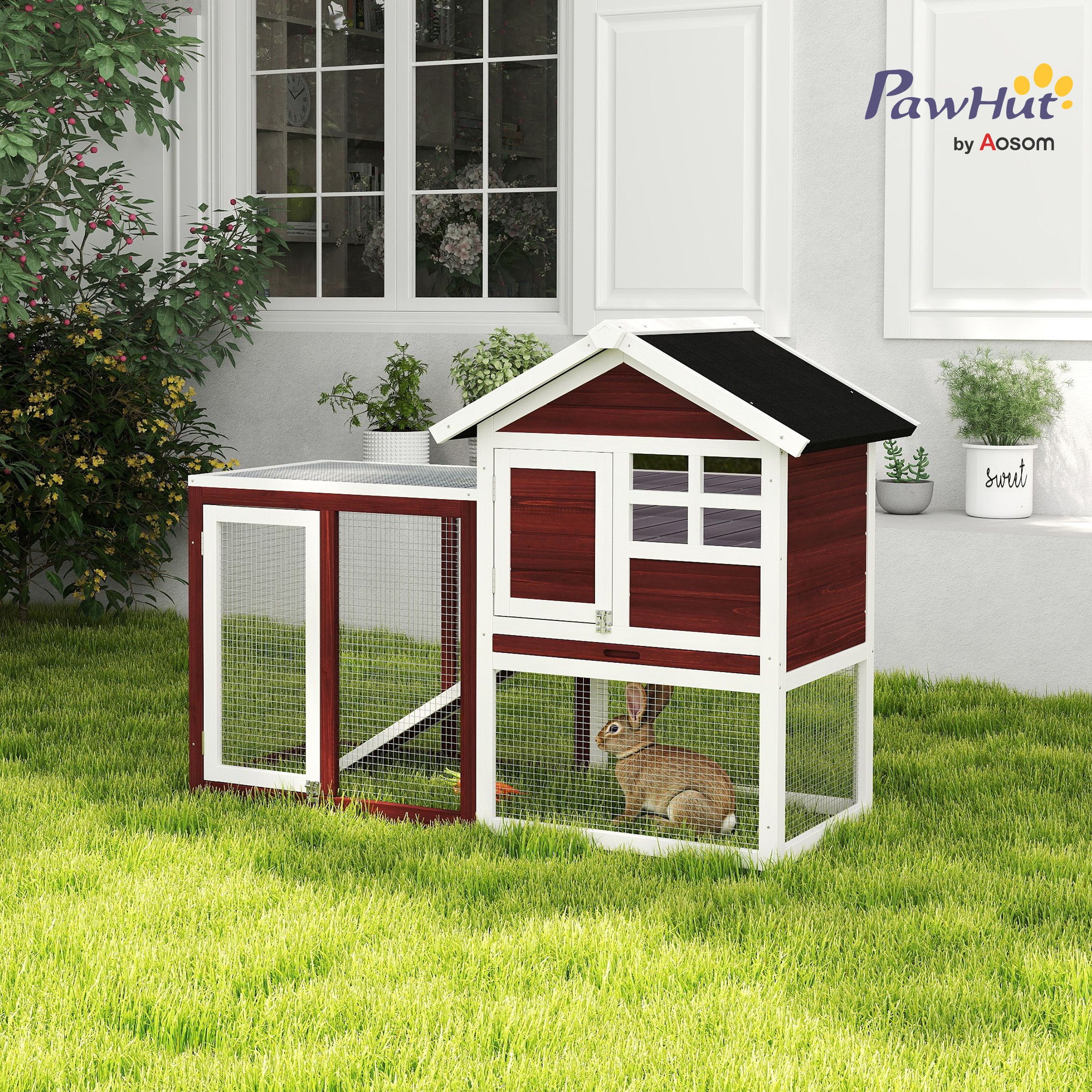 PawHut 48" Weatherproof Wooden Rabbit Hutch Bunny Cage Small Animal House with Slant Roof And Screened Outdoor Run, Brown