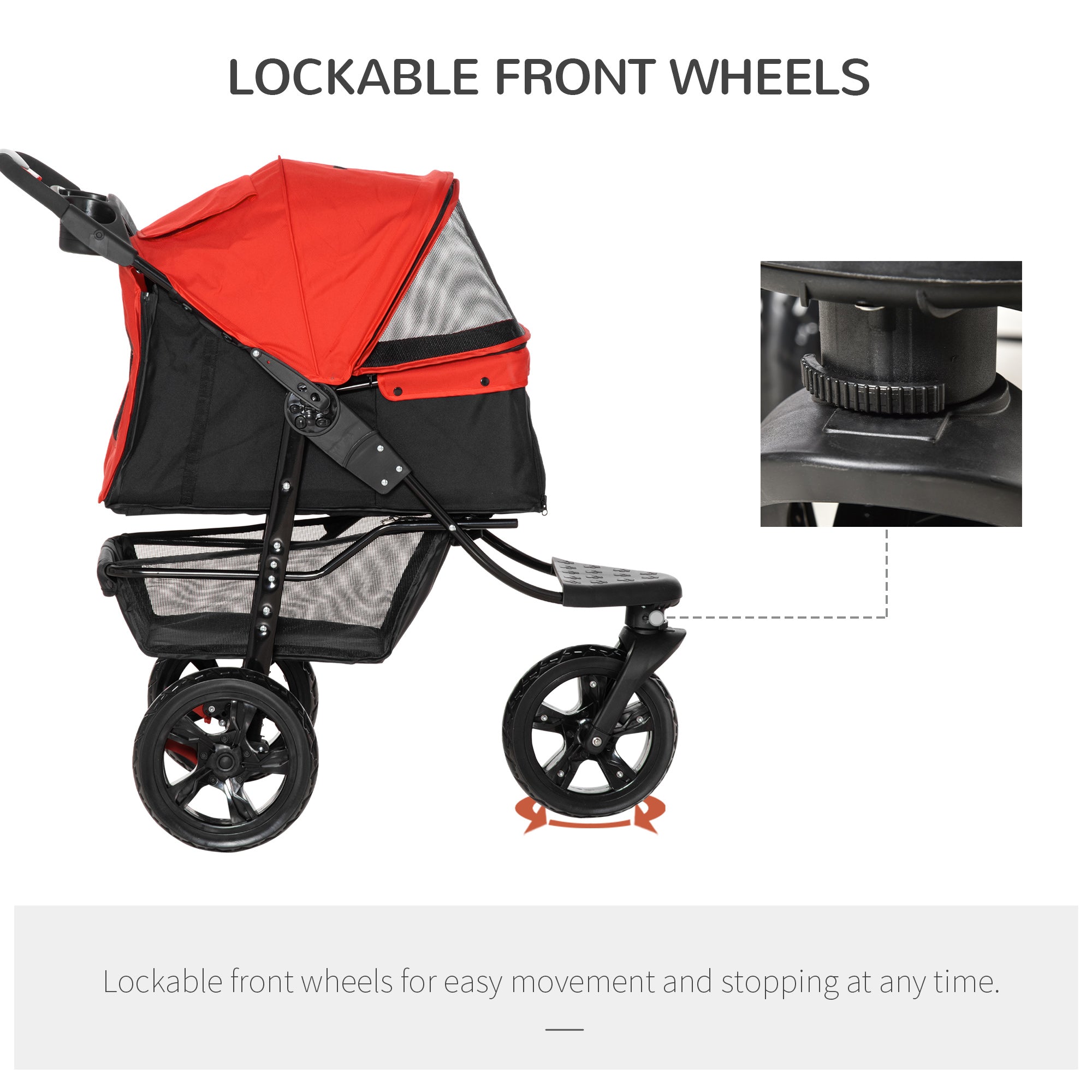PawHut 3 Wheel Folding Dog Stroller, Jogger Travel Carrier with Adjustable Canopy, Storage Brake, Mesh Window for S&M Dogs, Red