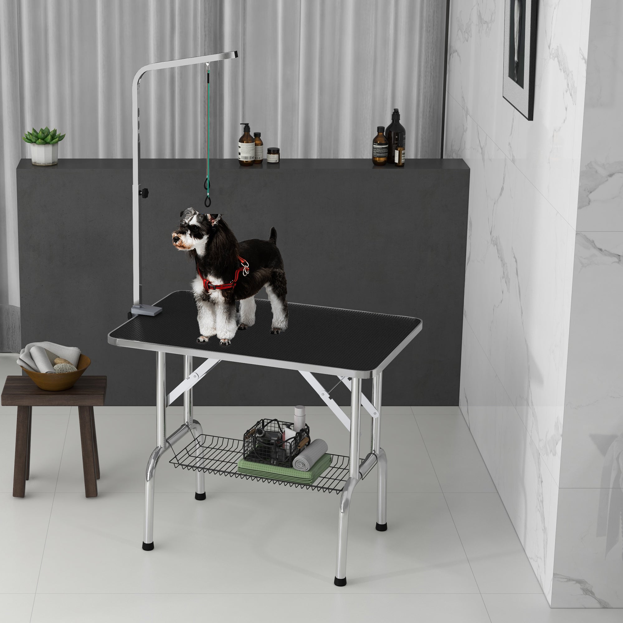 PawHut Foldable Grooming Table for Dogs with Height Adjustable Grooming Arm, Storage Shelf, Black