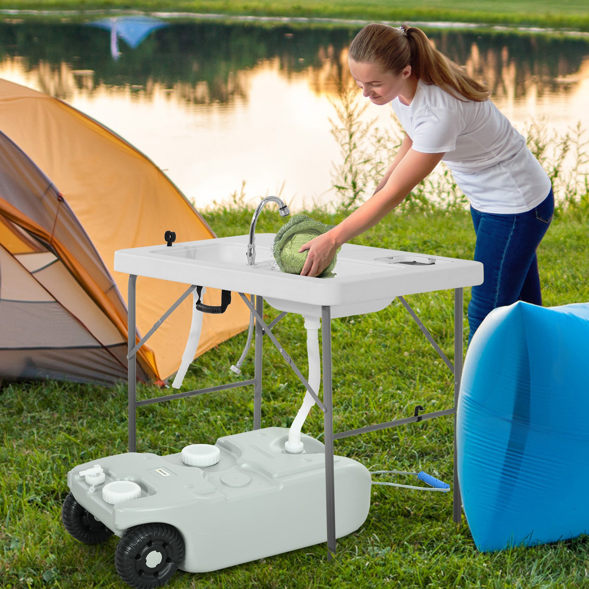 Outsunny 10.6 Gallon Portable RV Water Tank, Black or Grey Water Storage Tank, with Filling Ports, Handles and Wheels