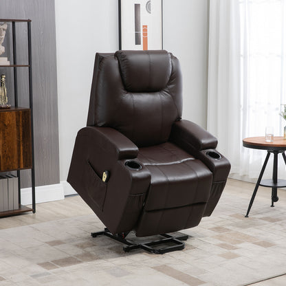 HOMCOM Power Lift Chair for Elderly, PU Leather Recliner Sofa Chair with Footrest, Remote Control, Side Pockets and Cup Holders, Brown