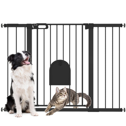 PawHut 30"-52" Extra Wide Pet Gate Barrier with Small Door, 35"H Dog Gate with Safety Gate Barrier, Stair Pressure Fit, Black