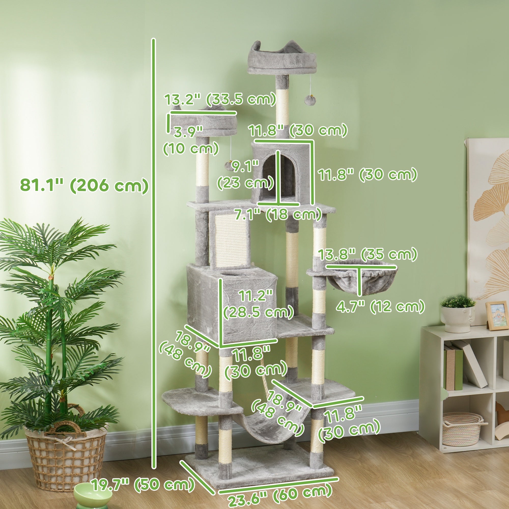 PawHut 81" Large Cat Tree w/ Scratching Posts, Condos, Beds, Hammocks, Jumping Platforms, Toy Balls, Rope Cat Toy, Light Grey