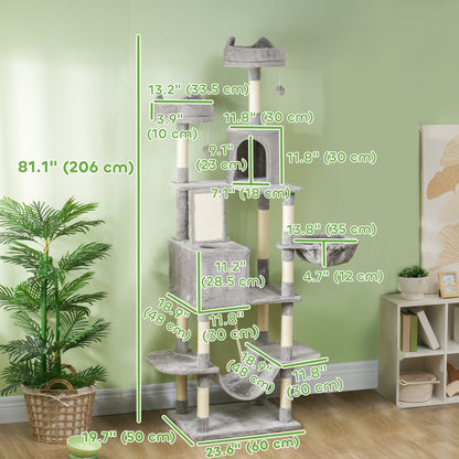 PawHut 81" Large Cat Tree w/ Scratching Posts, Condos, Beds, Hammocks, Jumping Platforms, Toy Balls, Rope Cat Toy, Light Grey