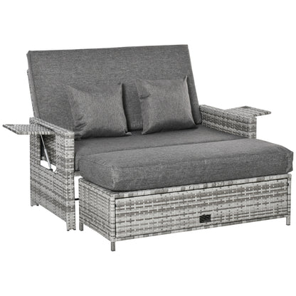 Outsunny 2 Piece Rattan Outdoor Daybed, 2 Seater Sofa Set with Footstool, Storage, Cushions and Pillows for Garden, Patio, Grey