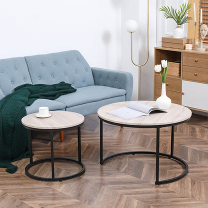 HOMCOM Nesting Coffee Tables Set of 2, Round Coffee Table with Metal Frame, Living Room Tables, Grey Wood Grain