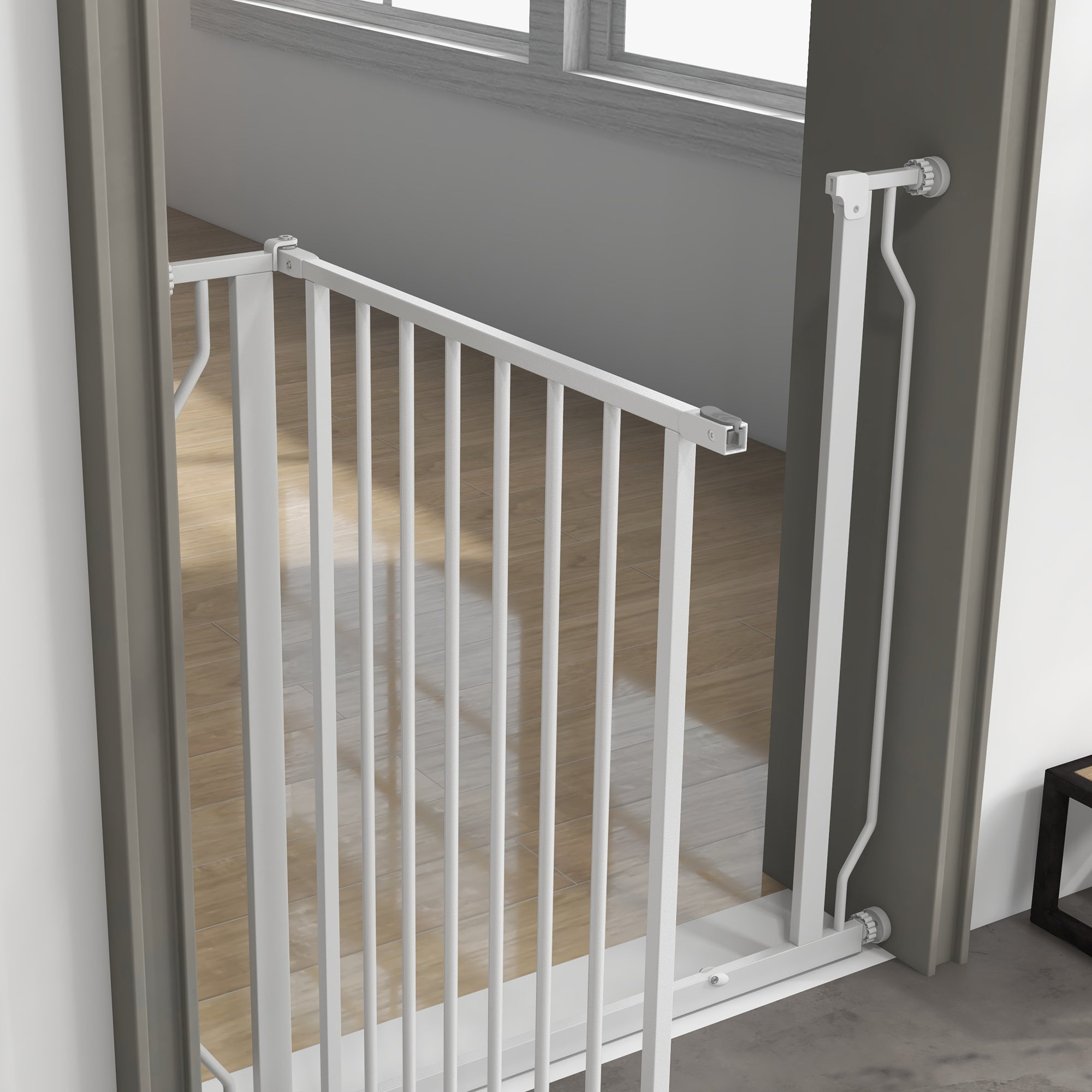 PawHut 30"- 34" Easy Install Pet Gate w/ Door & Double Locking System, Extra Wide Dog Gate for Stairs, Hallways, White