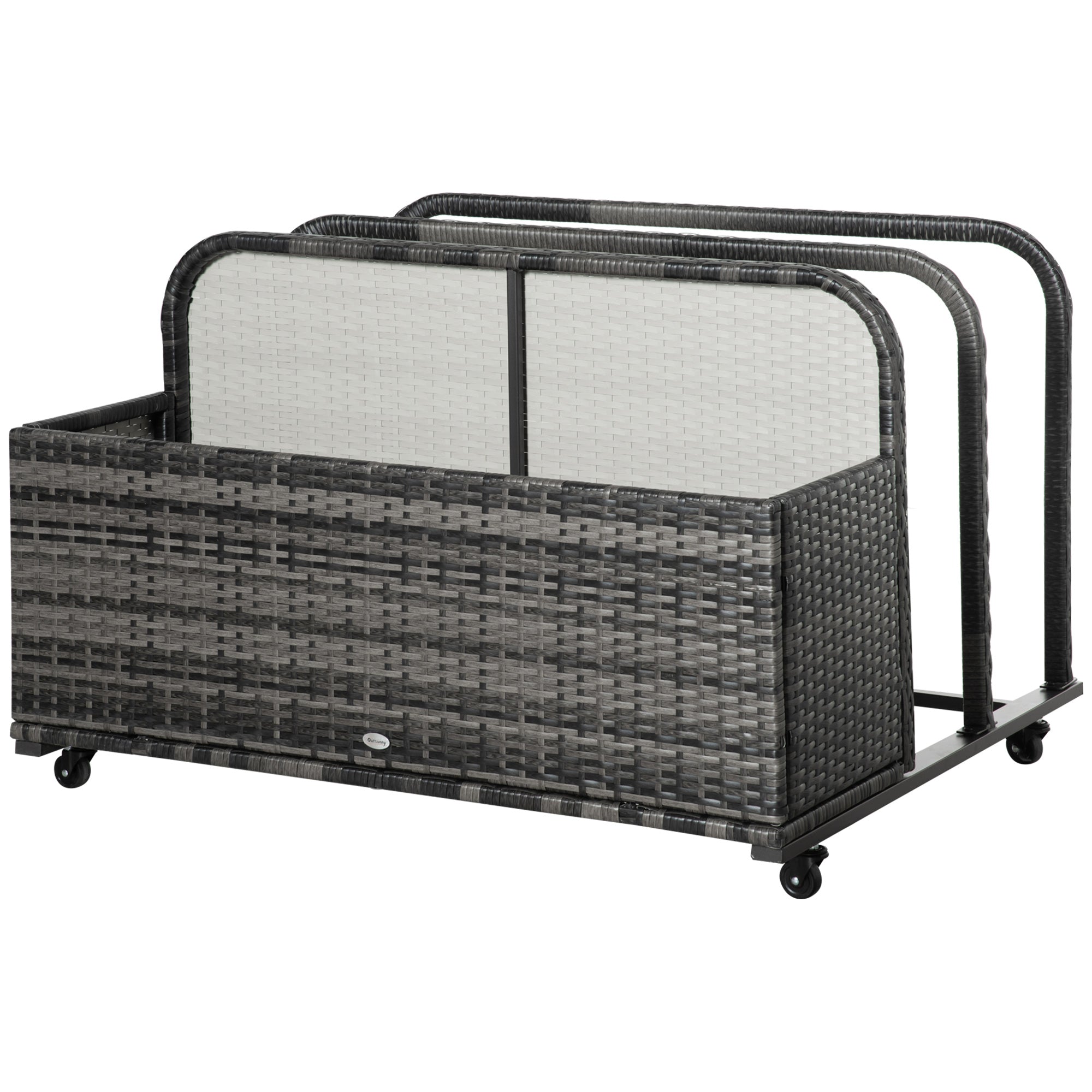 Outsunny Rolling Pool Storage Rattan Patio Furniture Outdoor Storage Wicker Organizer for Floats, Paddles, Balls, Towels, Grey