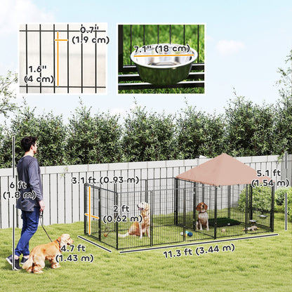 PawHut Outdoor Dog Kennel with Rotating and Adjustable Height Bowls, Waterproof UV-Resistant Cover, 11.3' x 4.7' x 5.1'