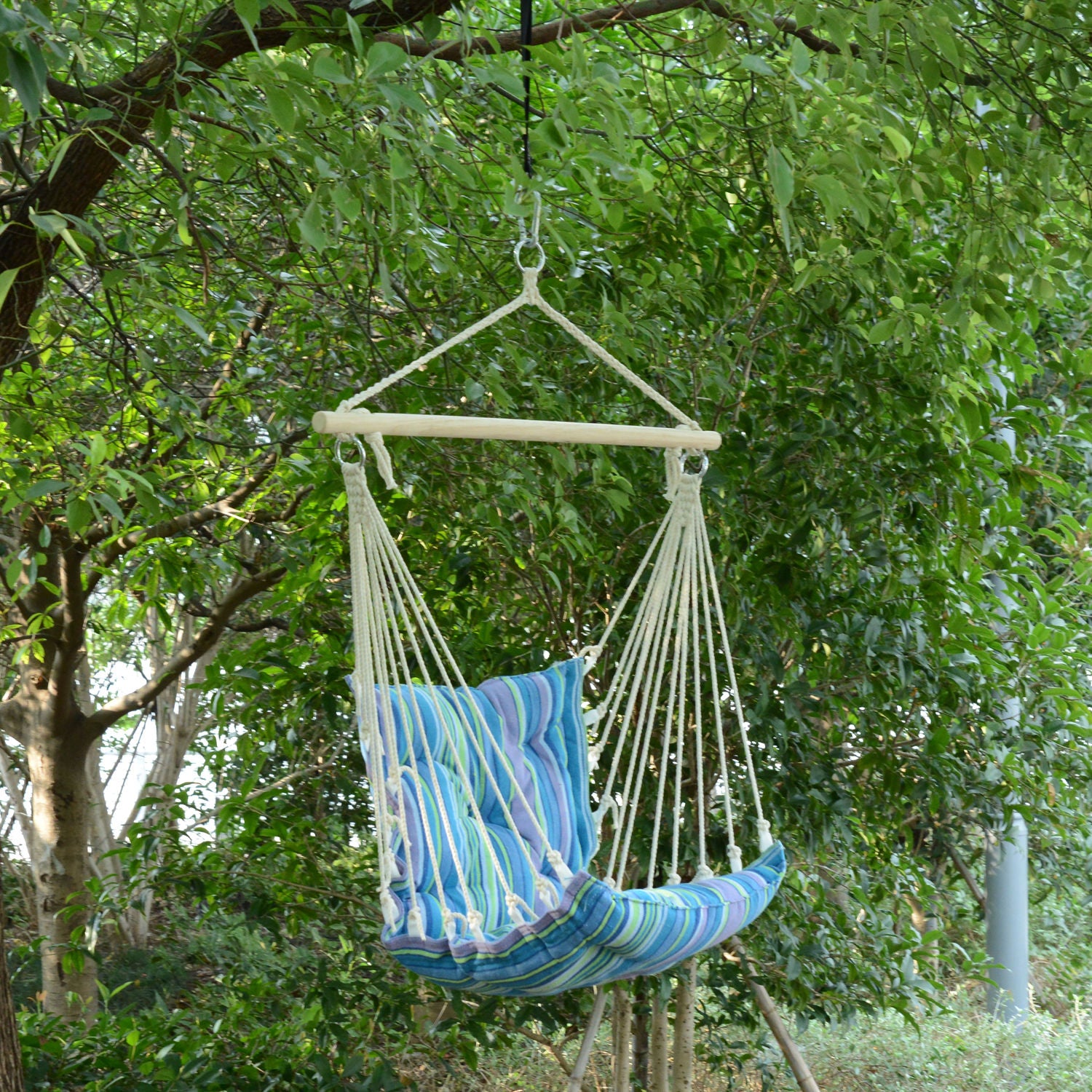 Outsunny Portable Hanging Woven Hammock Seat Rope Swing Chair Sleeping Bed for Outdoor Garden Yard Camping Blue