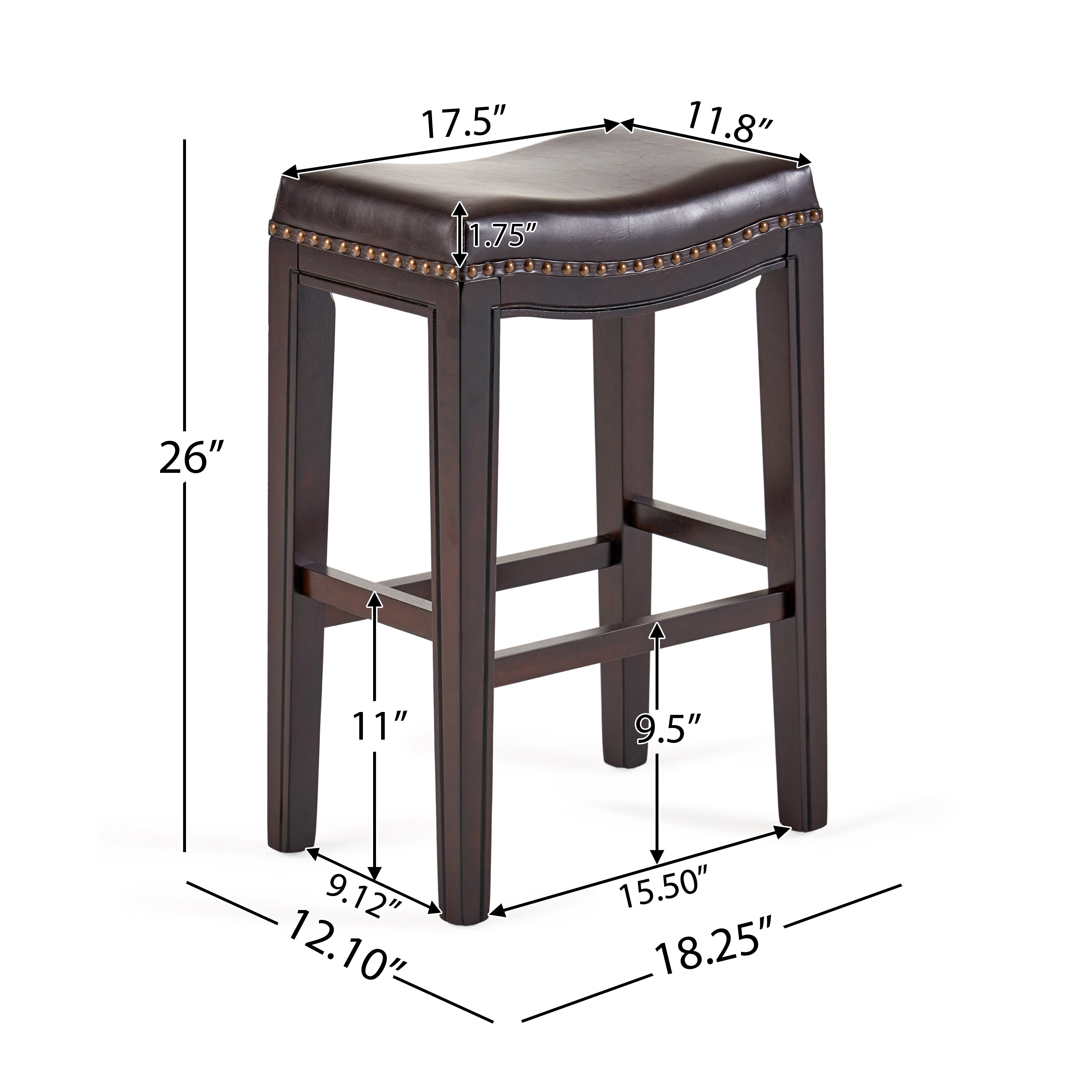 Set of 2 Contemporary Studded Counter Stools with Nailhead Accents Rubberwood Saddle Seat, 18.5" L x 12" W x 26" H, Brown